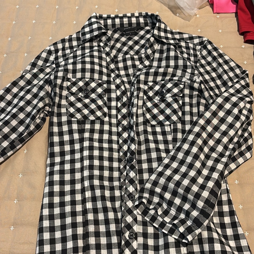 Women's Black and White Checkered Button Down Shirt